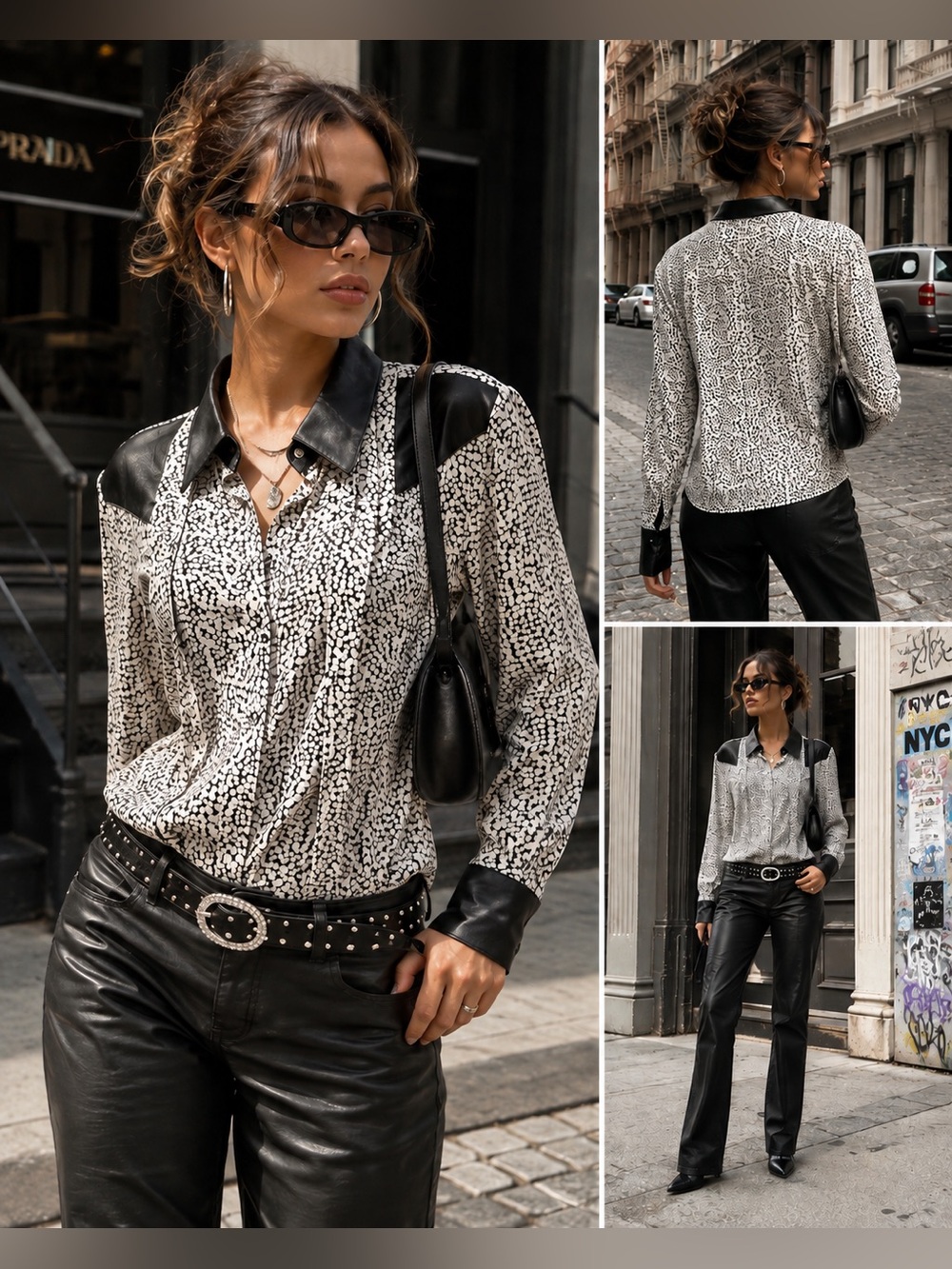 Vintage Black & White Printed Long-Sleeve Silk Blouse with Faux Leather Accents